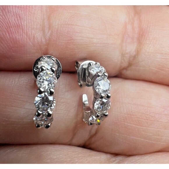 1 CT Genuine Moissanite 5 Stone Huggie Hoop Earrings Sterling Silver - Picture 1 of 10